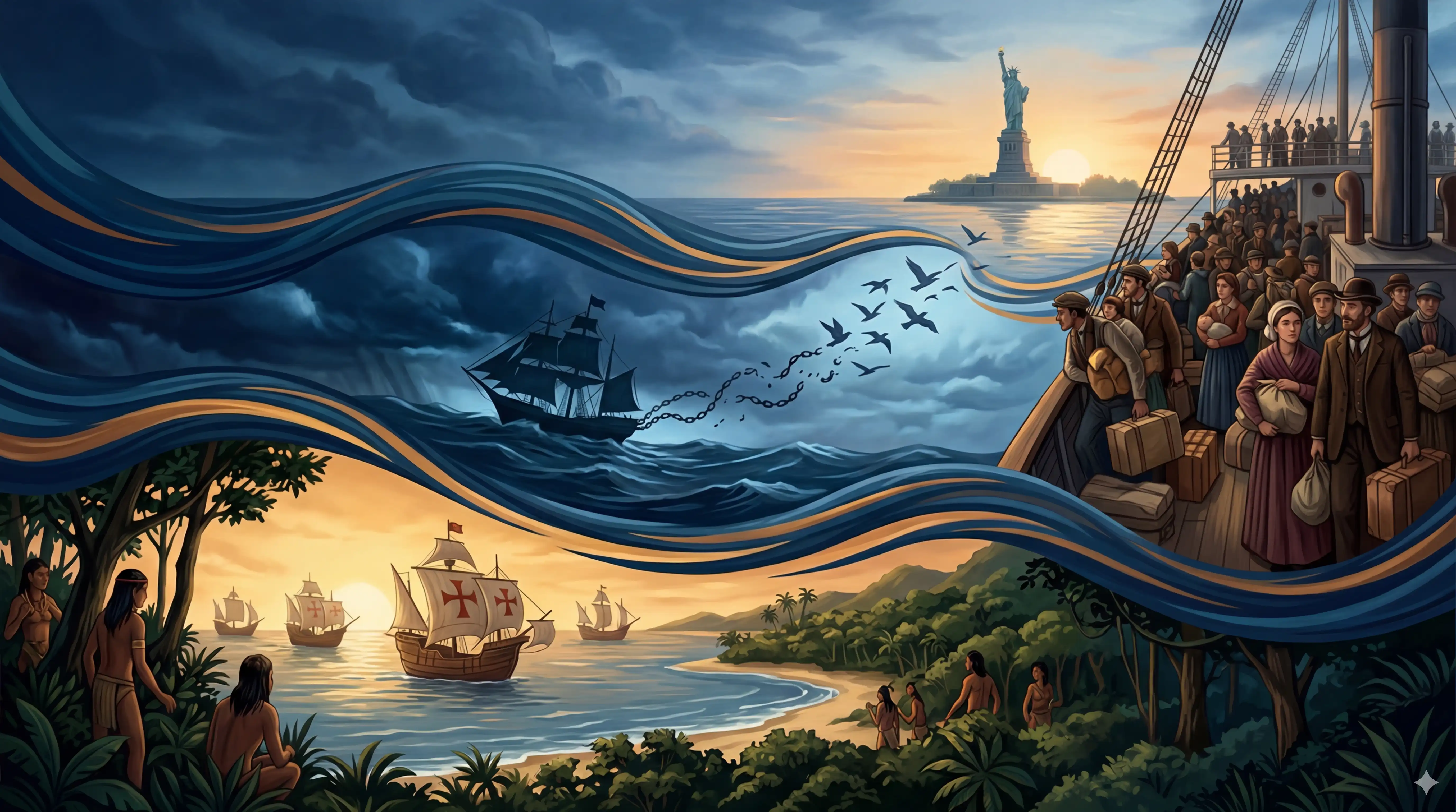 Ilustración de la colonización, barcos y la migración transatlántica hacia la Estatua de la Libertad