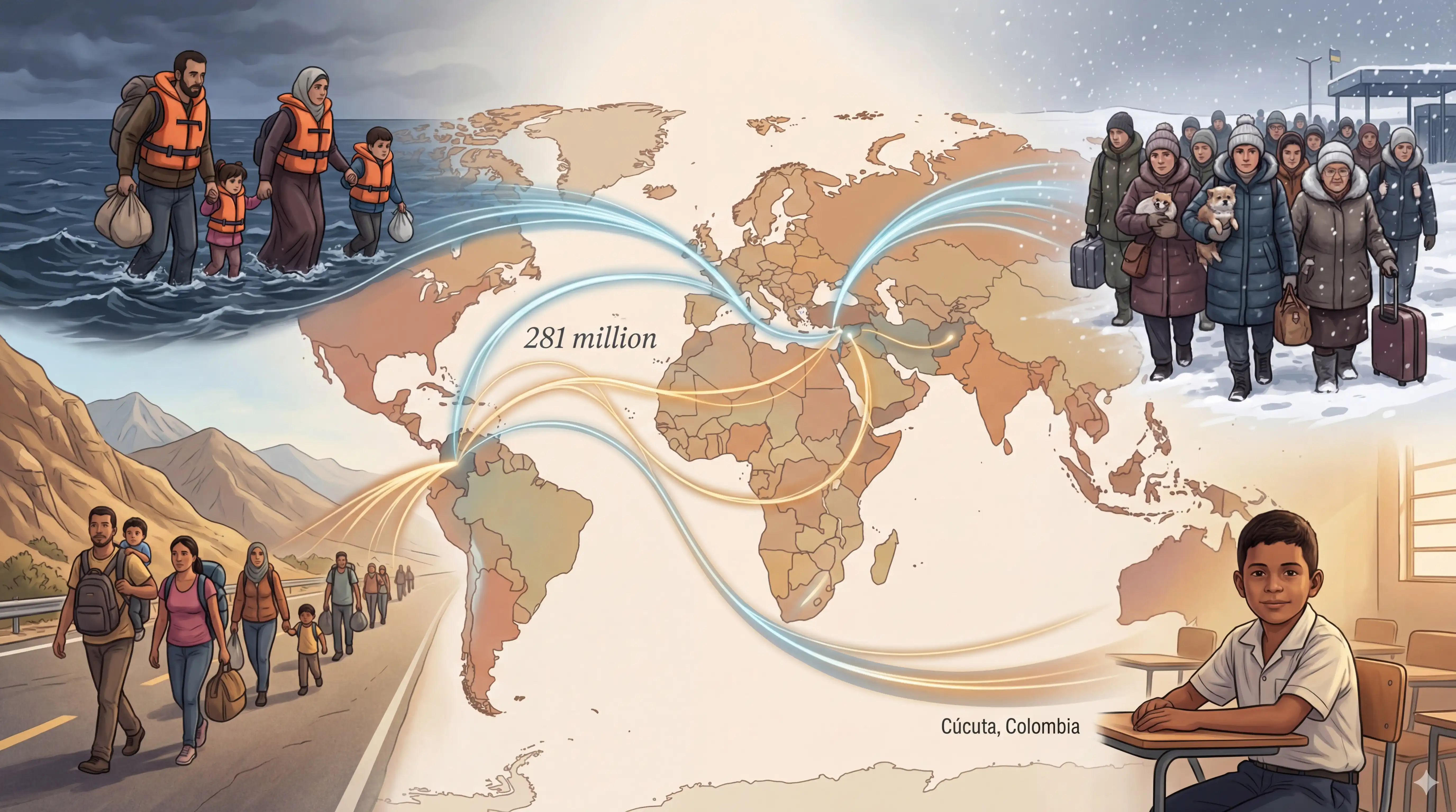 Ilustración de la movilidad contemporánea: 281 millones de migrantes, crisis globales y un niño en un aula de Cúcuta