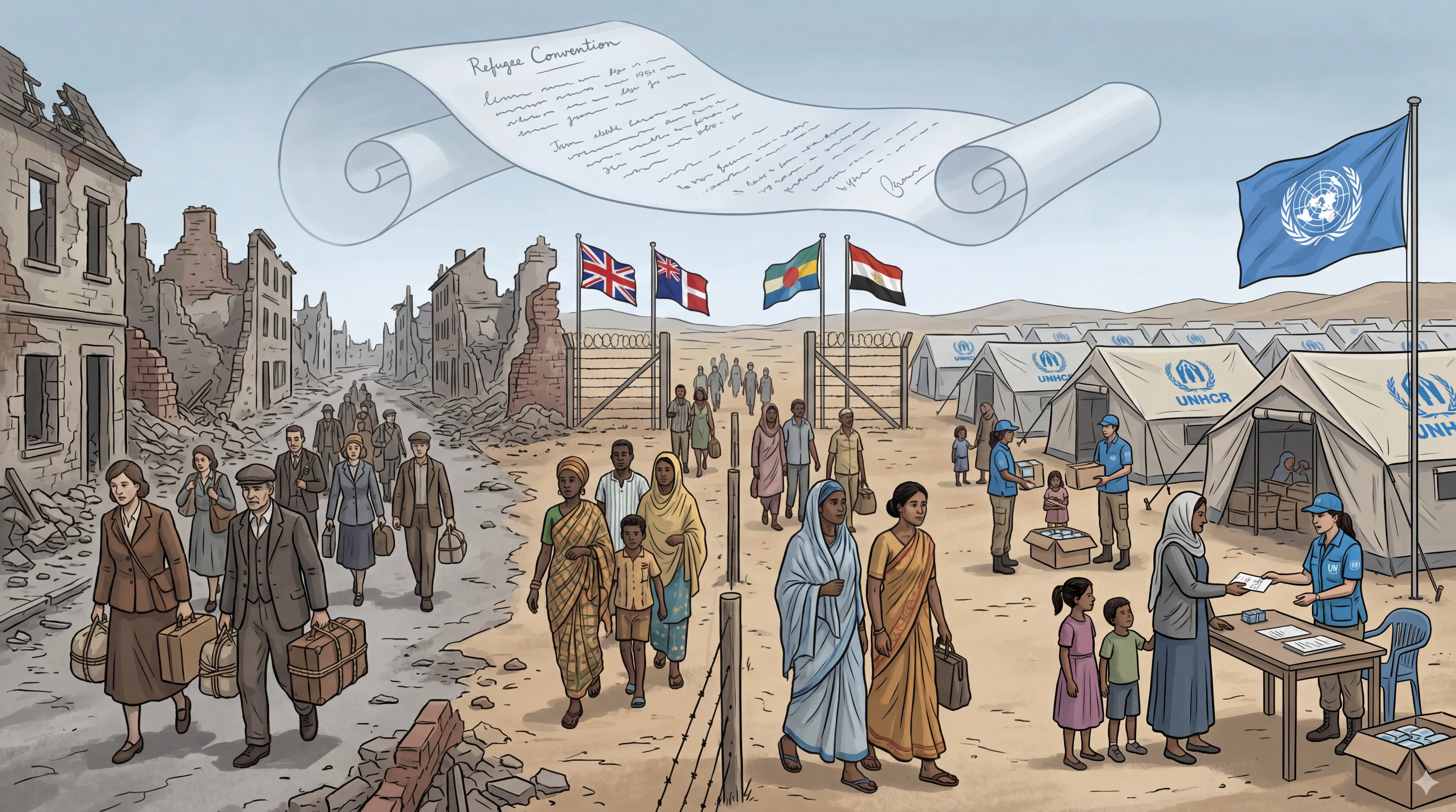 Ilustración de refugiados del siglo XX con la Convención de Refugiados y campamentos de ACNUR