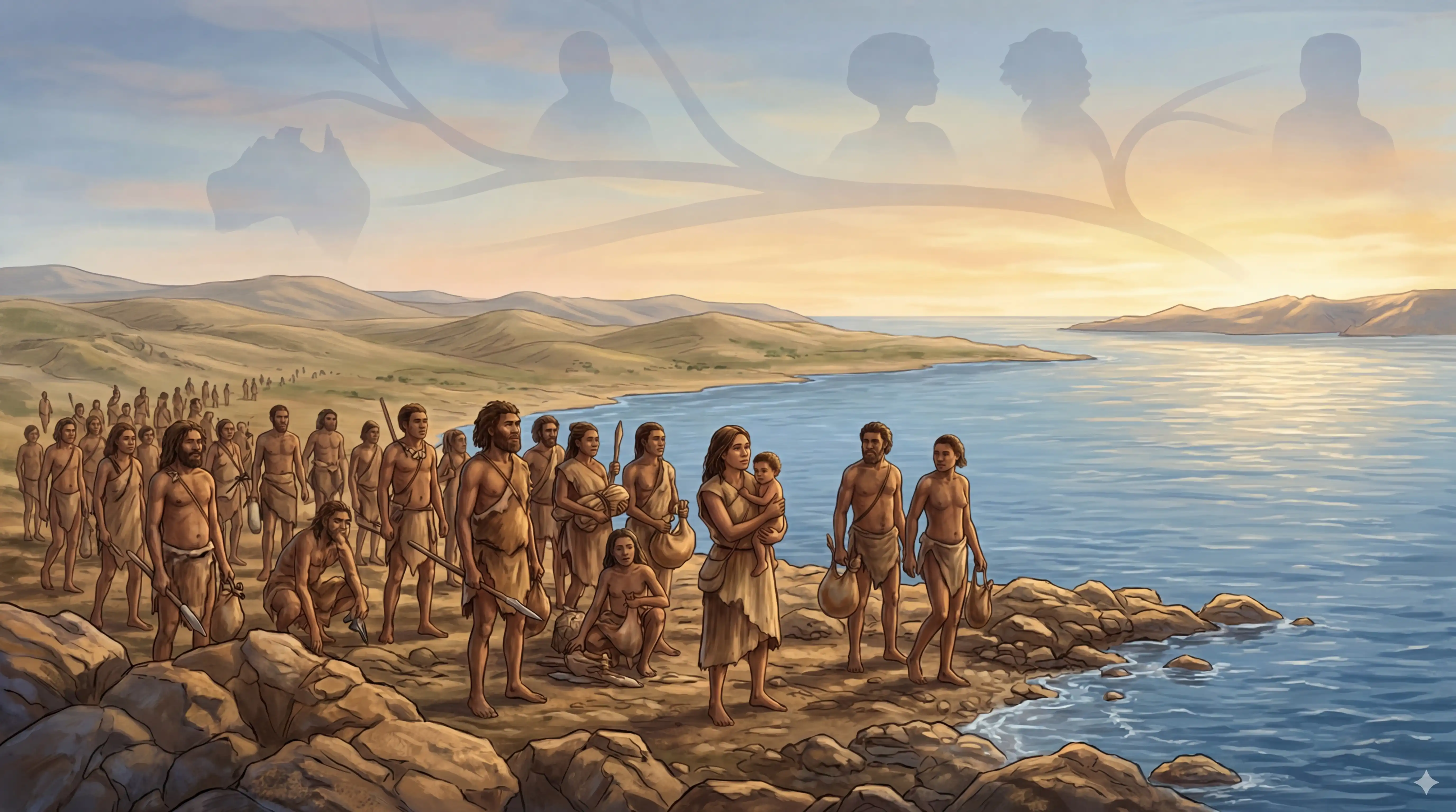 Ilustración de Out of Africa: grupo humano al borde del mar preparándose para migrar