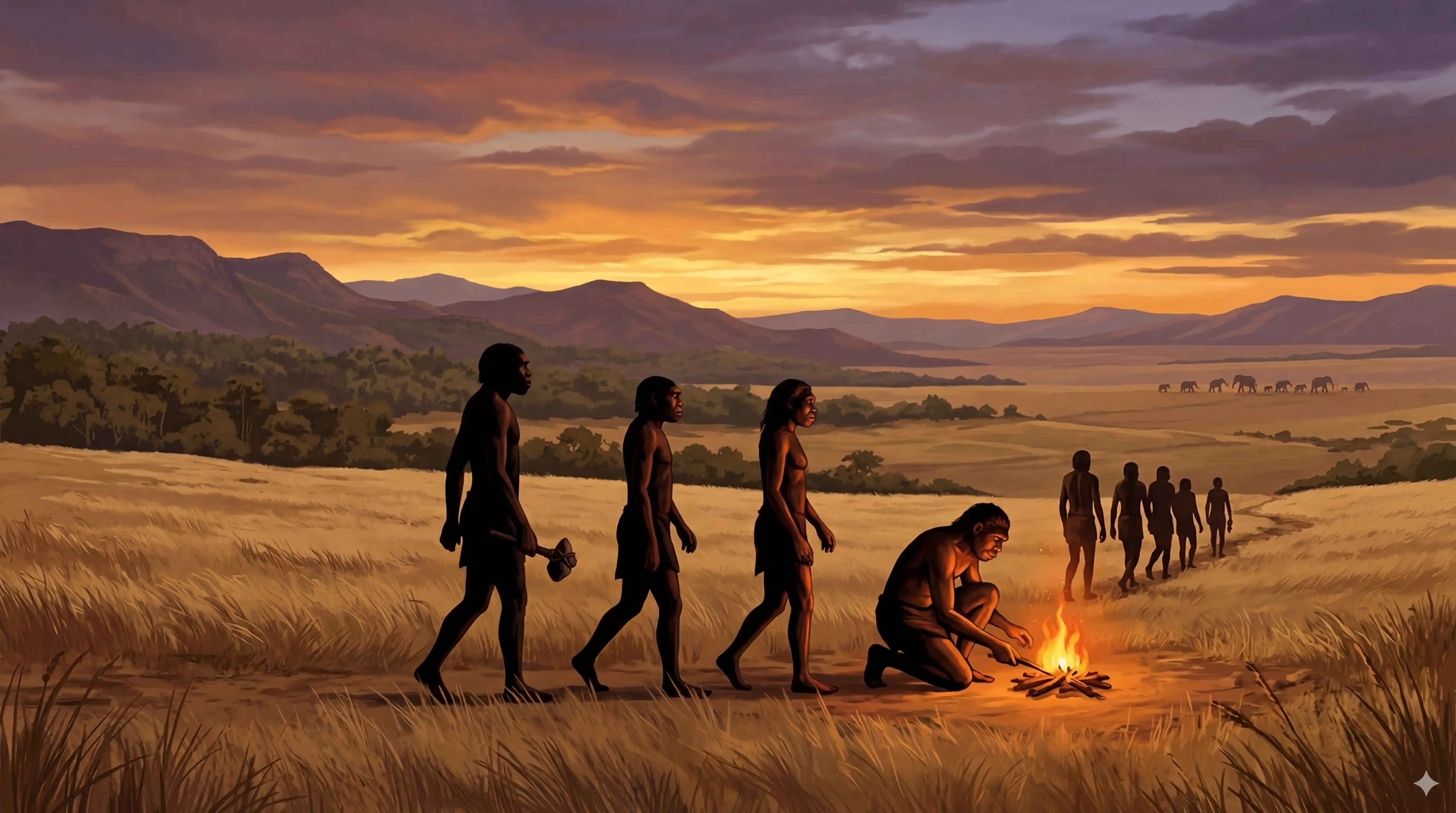 Ilustración de Homo erectus migrando con fuego en la sabana africana