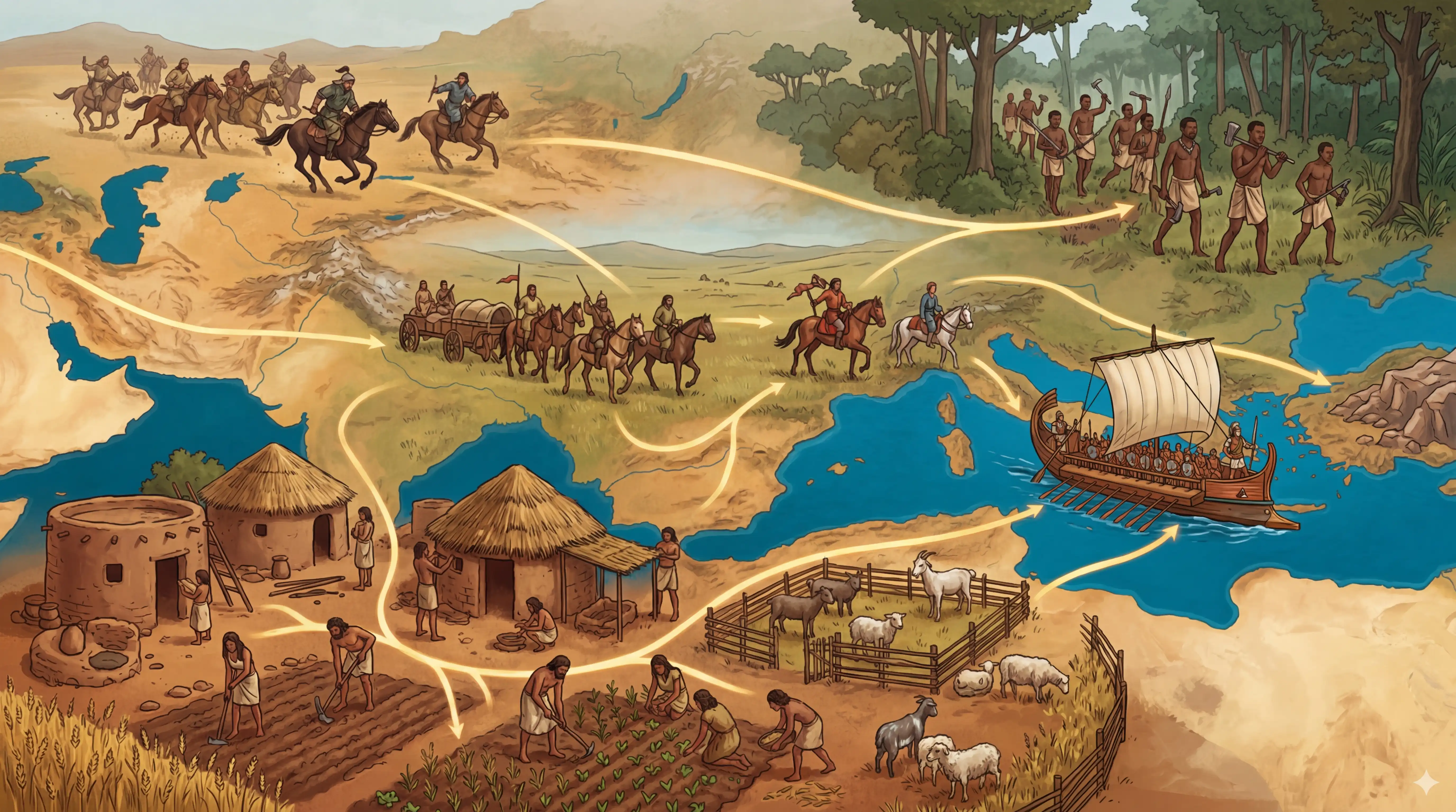 Ilustración de migraciones en el mundo antiguo: agricultura, jinetes, barcos griegos