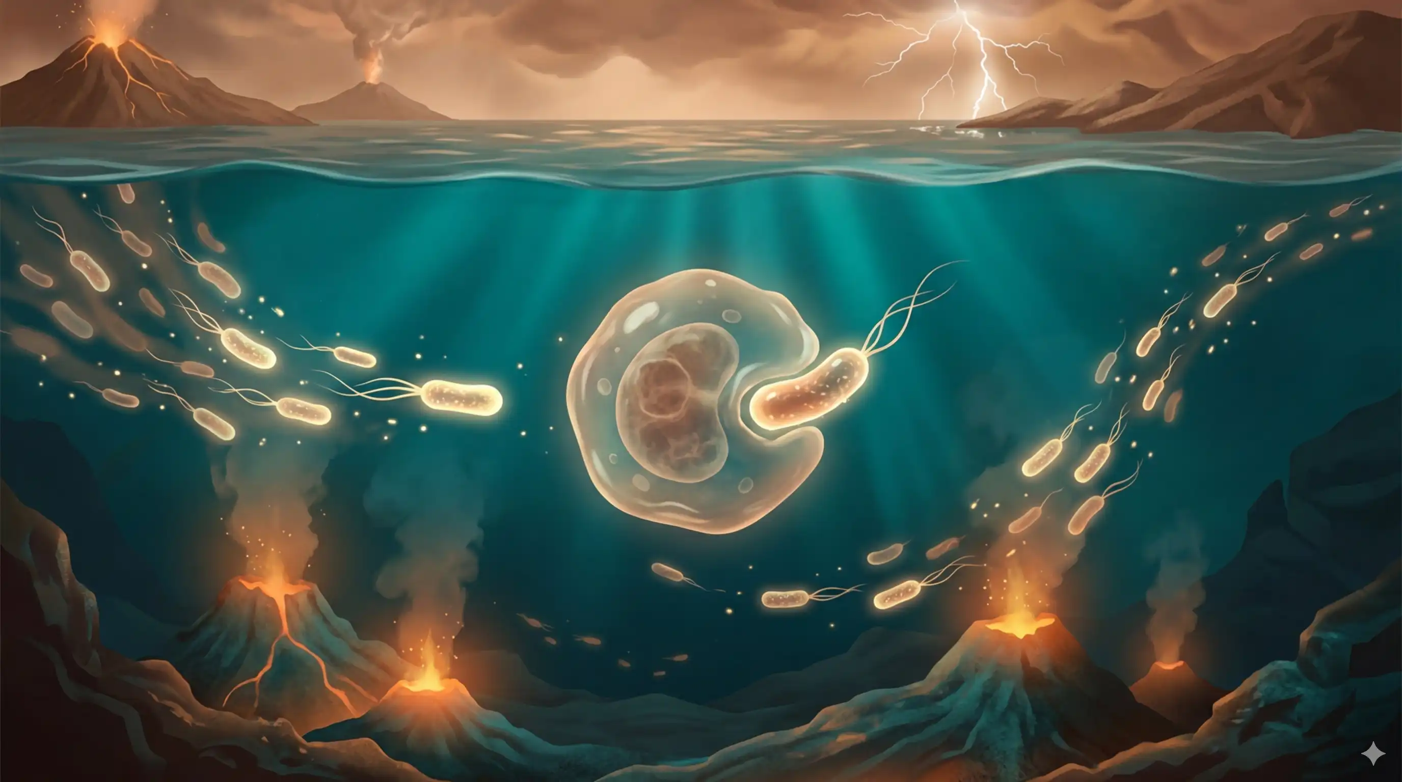 Ilustración del éxodo molecular: bacterias migrando en un océano primigenio